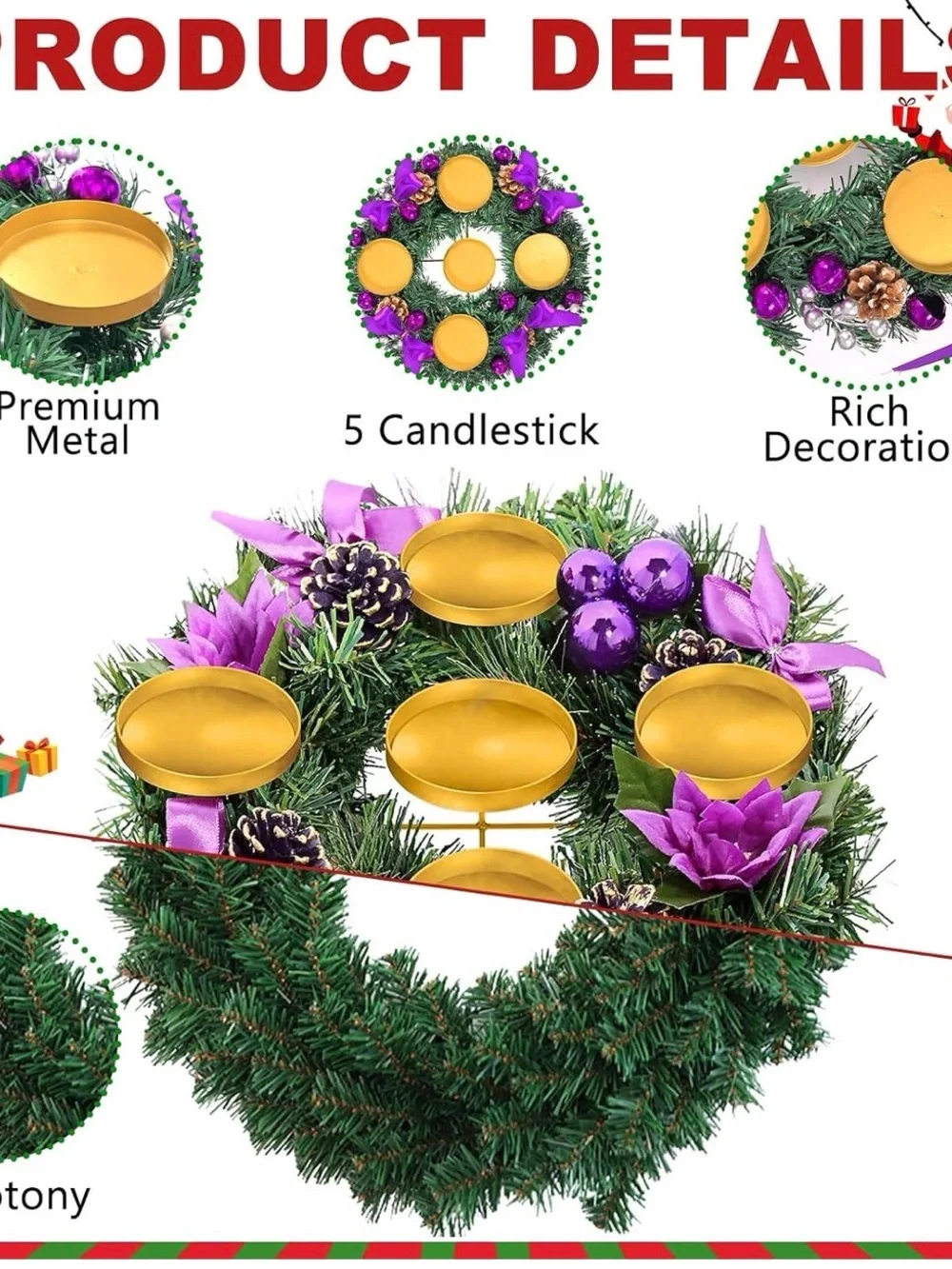 Gold and Purple Holiday Candle Wreath - Home Holiday